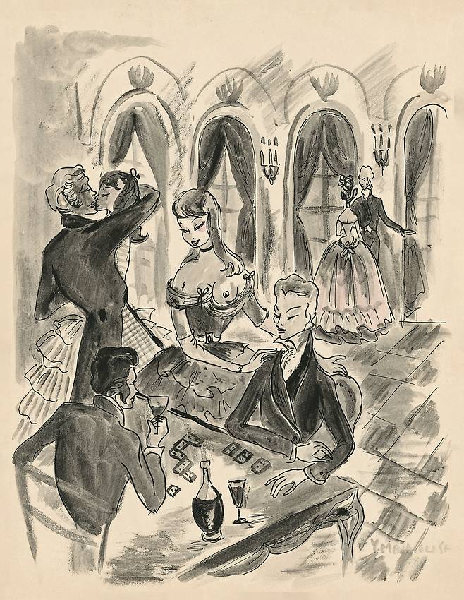 귀스타브 플로베르의 ‘마담 보바리’ 북레시피 출간본에 삽입된 이브 생로랑의 삽화. 주인공 엠마가 저녁 모임에 참석한 장면을 담았다.북레시피 제공