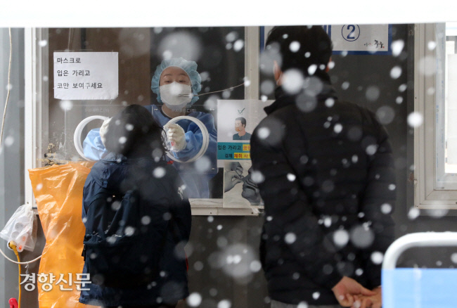 중부지방에 눈이 내린 19일 서울역광장에 마련된 서울시 중구 임시선별검사소에서 시민들이 코로나19 검사를 받고 있다. /김영민 기자