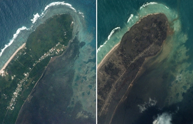 민간 위성업체 플래닛랩스 위성으로 본 해저화산 분화 전(14일)과 후(16일) 통가 통가타푸섬 카노쿠폴루 마을./사진=AFP