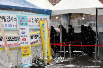중부지방에 눈이 내린 19일 시민들이 코로나19 검사를 받기 위해 서울역광장에 마련된 서울시 중구 임시선별검사소로 들어가고 있다. |김영민 기자