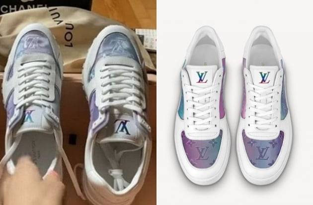 프리지아가 아버지께 선물로 드린 가품 추정 루이비통 스니커즈(좌), 프랑스 루이비통 홈페이지의 정품 스니커즈