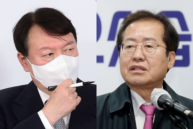 국민의힘 윤석열 대선 후보(왼쪽 사진)과 홍준표 의원. 연합뉴스