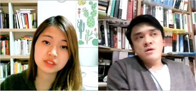 김초엽(왼쪽) 김원영 작가가 19일 화상으로 열린 한국출판문화상 수상작 북콘서트에서 저술·교양 부문 수상작 '사이보그가 되다'에 대해 강연하고 있다. 줌 캡처