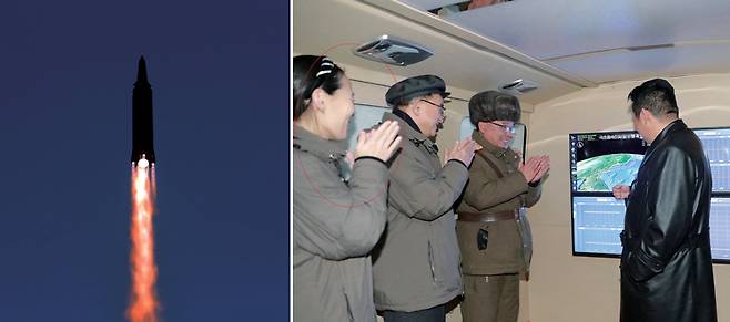 북한 국방과학원이 1월11일 극초음속 미사일 시험발사를 김정은 국무위원장이 참관한 가운데 성공시켰다고 조선중앙통신이 12일 보도했다.ⓒ조선중앙통신 연합