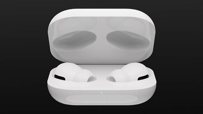 애플인사이더가 24일(현지시간) 공개한 ‘에어팟 프로 2’ 케이스의 렌더링 이미지. 조개껍데기처럼 가운데를 위아래로 여닫는 크램셀(clamshell) 형태다. [애플인사이더 홈페이지]