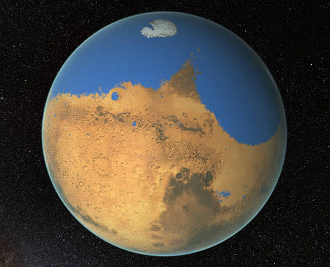 수십 억 년 전 물이 풍부한 시기의 화성의 상상도. 사진=NASA/GSFC