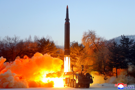 A photo of North Korea's hypersonic missile launch in Chagang Province on Jan. 5 was released by the state-run Korean Central News Agency on Thursday. [YONHAP]