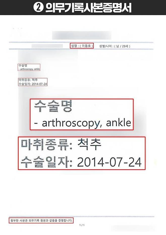 이재명 더불어민주당 대선후보 아들 동호씨의 의무기록사본증명서. (사진=민주당 선대위 현안대응TF 제공) 2022.1.28 *재판매 및 DB 금지