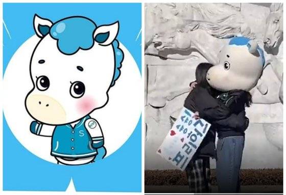 숭실대학교 마스코트 '슝슝이'가 지난 6일 학부를 졸업하고 대학원에 진학한다며 학생들과 인사를 나누고 있다. [숭실대학교 인스타그램, 유튜브 캡처]