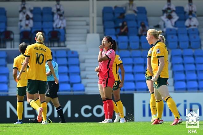 페널티킥 실축 후 아쉬워하는 조소현(가운데) [대한축구협회 제공. 재판매 및 DB 금지]