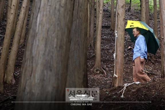 양산 사저에서 휴식 중인 문재인 대통령. 보슬비가 내리는 숲길로 산책을 나섭니다. 함께 가 볼까요.청와대 제공