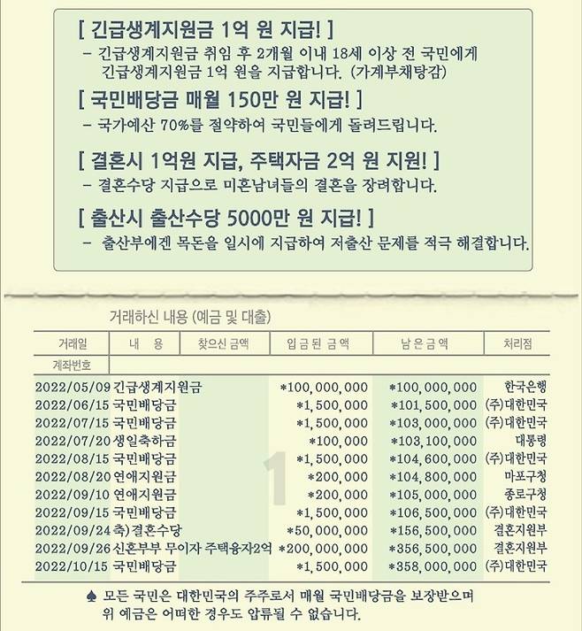 허경영 국가혁명당 대선 후보의 국민배당금 통장 홍보물 *재판매 및 DB 금지