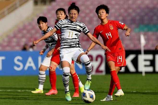 중국과 아시안컵 결승 격돌을 벌이고 있는 여자축구 대표팀. [AFP=연합뉴스]