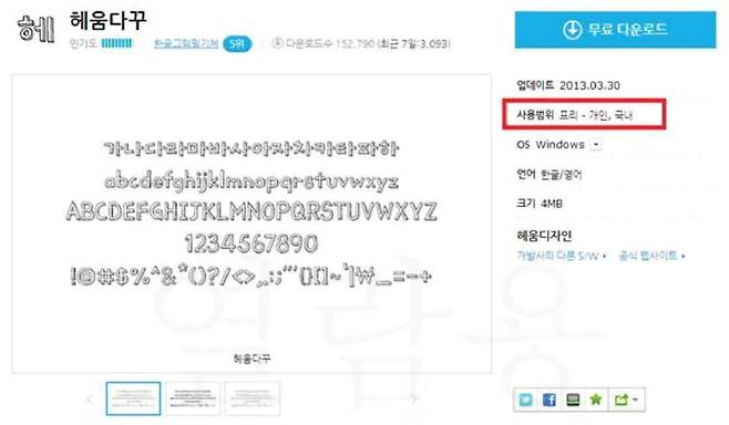 ▲무료 폰트를 제공해 왔던 네이버 자료실 페이지 화면 갈무리. 지금은 이 자료실 화면이 사라졌다. 사진=오픈넷 제공.