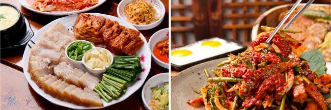 홍어를 즐기는 사람들은 잘 삭힌 홍어에 김치와 돼지고기를 곁들여 삼합으로 먹는다(왼쪽). 홍어를 매콤하게 무친 요리는 홍어 ‘초심자’도 즐길 만하다. [GettyImage]