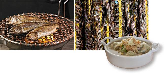 살이 오른 생선은 연탄불에 석쇠를 올려놓고 통째로 구워 먹어야 맛있다(왼쪽). 강원 속초항에서 양미리를 말리는 모습. 잘 마른 양미리를 연탄불에 구우면 배릿하고 구수하다(오른쪽). 말린 생선을 넣고 맑게 끓인 국물 요리. 생선을 말리면 조리해도 살이 풀어지지 않아 국물 맛이 깔끔하다. [GettyImage]