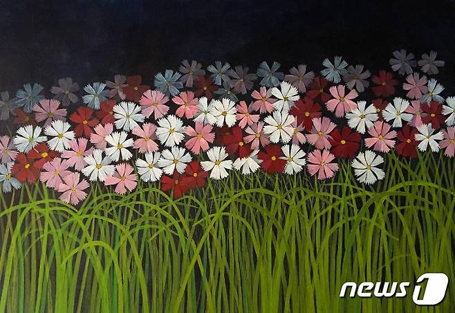 장지에 아교 작업 후 채색화 한 트레이스의 작품, «When the Flowers Bloom » ©Tracy Lim