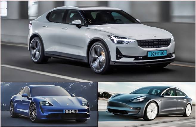 폴스타는 테슬라 먼저 공격한 뒤 포르쉐 공략에 나선다. [사진출처=폴스타, 포르쉐, 테슬라]