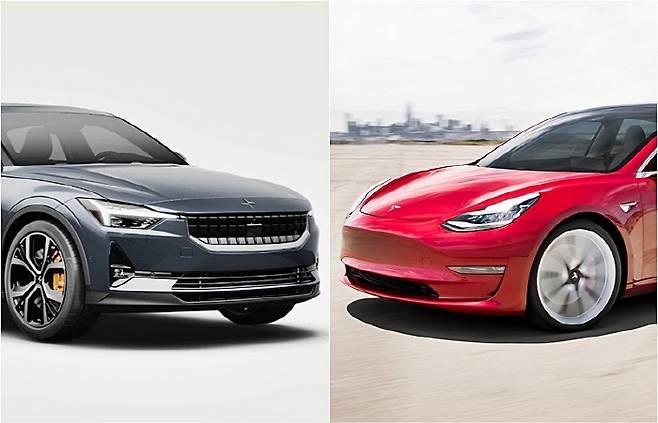 폴스타2와 모델3 [사진출처=폴스타, 테슬라]