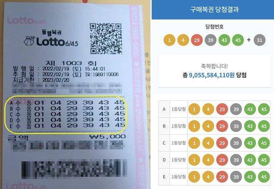 제1003회 로또 복권에서 1등 당첨자로 추정되는 이가 온라인에 올린 인증사진(왼쪽)과 해당 복권 당첨 안내 메시지. 온라인 커뮤니티 캡처