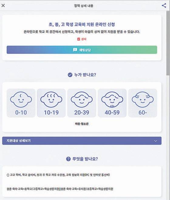 웰로는 자신이 입력한 프로필 내용에 맞춰 금융·교육·문화·주거·일 등 분야별로 추천 정책을 매칭해 알려준다. 웰로 홈페이지 캡처.