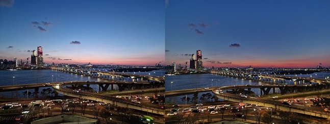 갤럭시S22 울트라로 촬영한 사진. 왼쪽은 일반 모드, 오른쪽은 야간 모드를 적용했다. 오른쪽 사진의 색감이 확실히 더 진하다./사진=백유진 기자 byj@
