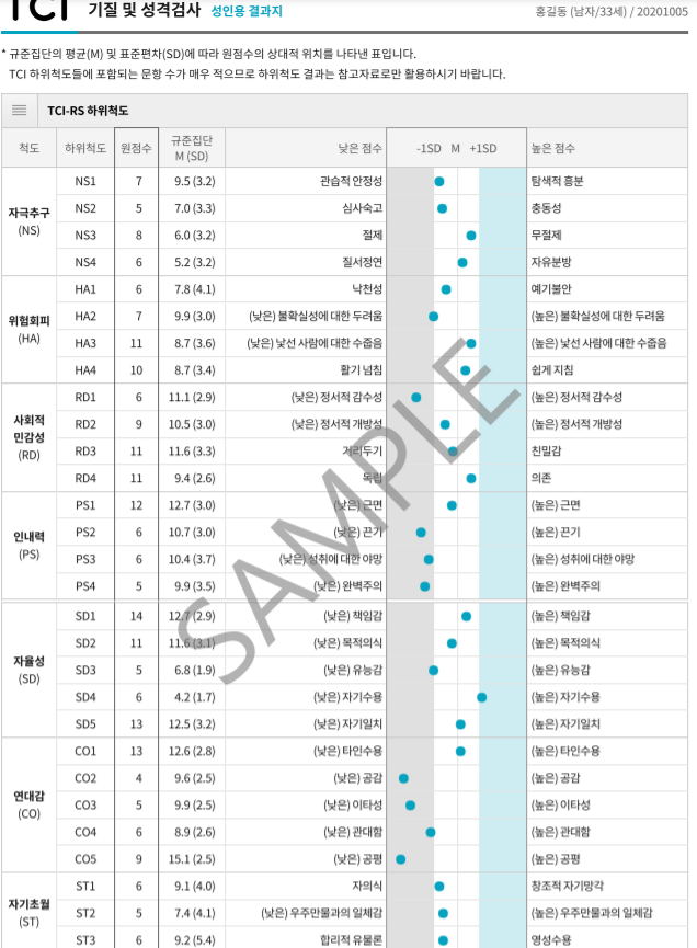 TCI 성인용 검사지 샘플. 마음사랑 제공