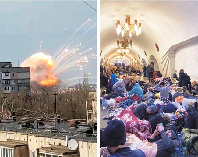 트위터에 담긴 우크라 참상 : 우크라이나 동남부의 멜리토폴에서 24일 러시아군이 발사한 포탄이 폭발하고 있다. 오른쪽 사진은 같은 날 대피시설로 활용되고 있는 우크라이나 하르키우 지하철 역사 바닥에 주민들이 이불을 깔고 잠을 청하고 있는 모습.  트위터 캡처