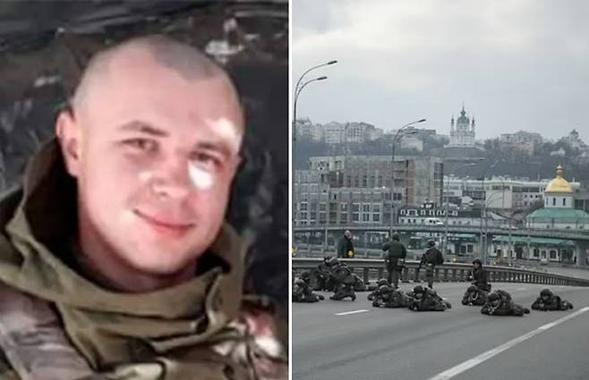 사진 왼쪽은 우크라이나 해병대 공병인 비탈리 샤쿤 볼로디미로비치. 오른쪽은 러시아군의 진격을 막기 위해 수도 키예프 인근 고속도로를 방어 중인 우크라이나 군대