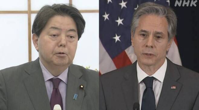[서울=뉴시스]토니 블링컨 미국 국무장관(오른쪽)과 하야시 요시마사(林芳正) 일본 외무상(왼쪽). (사진출처: NHK 홈페이지 캡쳐) 2022.0226.