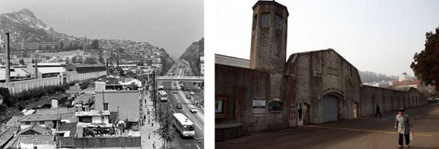 ▲1974년 서대문 인근 서울구치소 전경, 현재는 서대문형무소 역사관 (오른쪽)