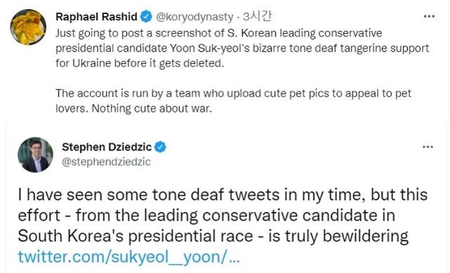 윤석열 국민의힘 후보 계정에 올라온 '귤 트윗'에 여러 외신기자들은 당혹스럽다는 반응을 보였다. 트위터 캡처