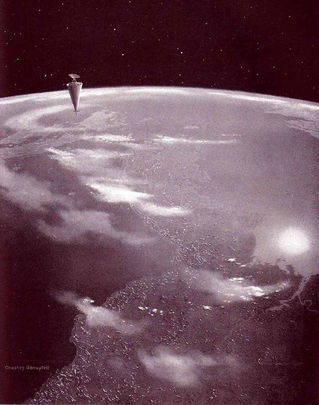 보네스텔이 1950년대에 그린 한반도 상공의 인공위성 상상도. 출처: LOOK