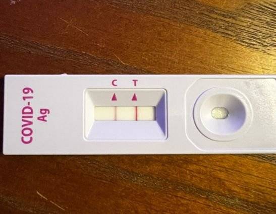 최근 코로나 확진 판정을 받은 한 독자가 두줄로 표시된 자신의 검사키트를 보여주고 있다. 해당 사진에 나온 자가검사키트와 그 결과치는 기사와는 직접 관련 없음. [독자제공]