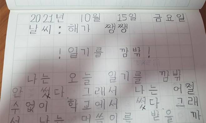 광주 남구 한 사립초등학교 1학년생 B군이 쓴 일기. 뉴스1