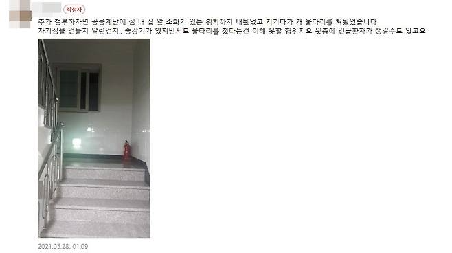 배우 서예지의 부모와 같은 빌라에 산다는 A씨는 지난해 5월 서예지 측이 공동계단에 짐을 쌓아두고 울타리로 막았다고 주장했다. /네이버 카페