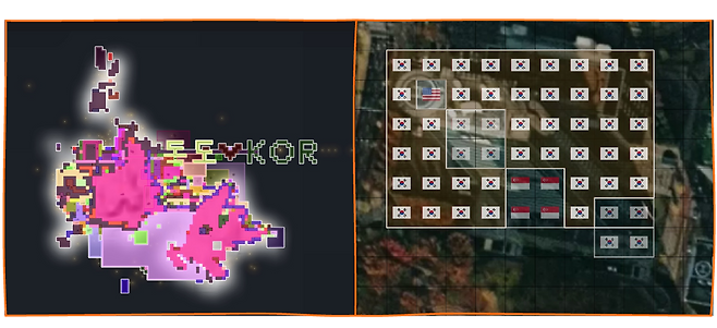 어스2 지도에 표시된 독도(좌), SBS 사옥 메타버스 캡처(우)