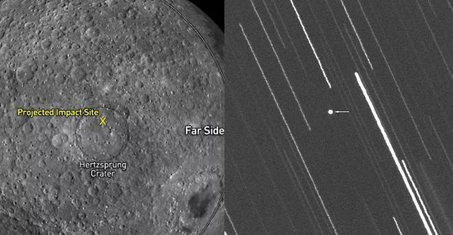 4일 충돌한 것으로 예상되는 달의 추락 지점(왼쪽)과 지난 2월 8일 이탈리아의 온라인 관측소인 버추얼 텔레스코프 프로젝트(The Virtual Telescope Project)가 마지막으로 포착한 로켓의 잔해