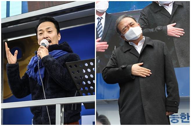 가수 강산에와 배우 김하균이 7일 유권자들에게 이재명 더불어민주당 대선 후보 지지를 당부했다. 사진은 이 후보 유세 현장을 찾은 가수 강산에(왼쪽)와 배우 김하균. /사진=더불어민주당 제공