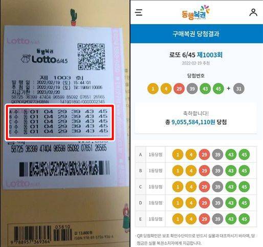 제1003회 로또복권 1등 5개 나온 당첨 용지, 기자가 스마트폰으로 (왼쪽) 로또 당첨 용지의 QR코드로 확인한 후 캡처한 화면 /온라인 커뮤니티
