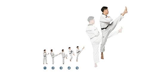 두 발로 목표물을 연이어 뛰어 차는 기술인 두발당성차기 동작 [국기원 발간 태권도용어사전 사진]