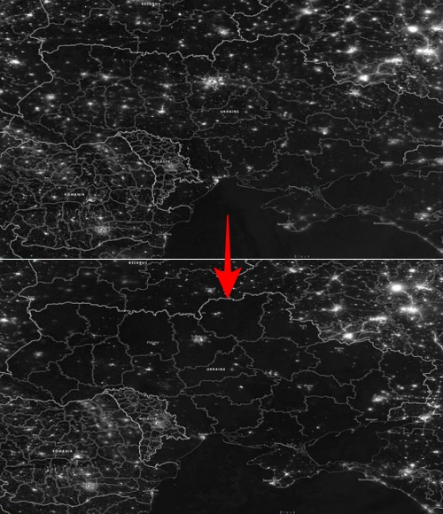 미국항공우주국이 공개한 우주에서 바라본 우크라이나의 밤 모습. 사진 위는 지난달 3일, 아래는 9일 기준.