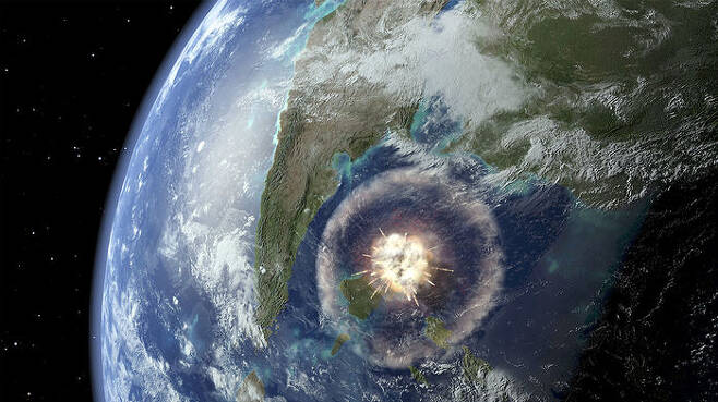 소행성이 지구에 떨어지는 모습을 담은 가상 그래픽