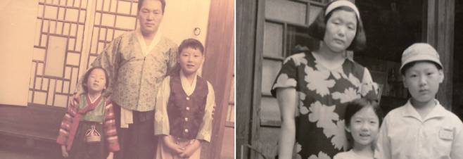 부친 윤기중 연세대 명예교수(가운데), 여동생과 함께 윤 당선인이 연희동 자택에서 밝게 웃는 모습 (오른쪽)모친 최정자 이화여대 교수(왼쪽), 여동생과 바른 자세로 서 있는 윤 당선인