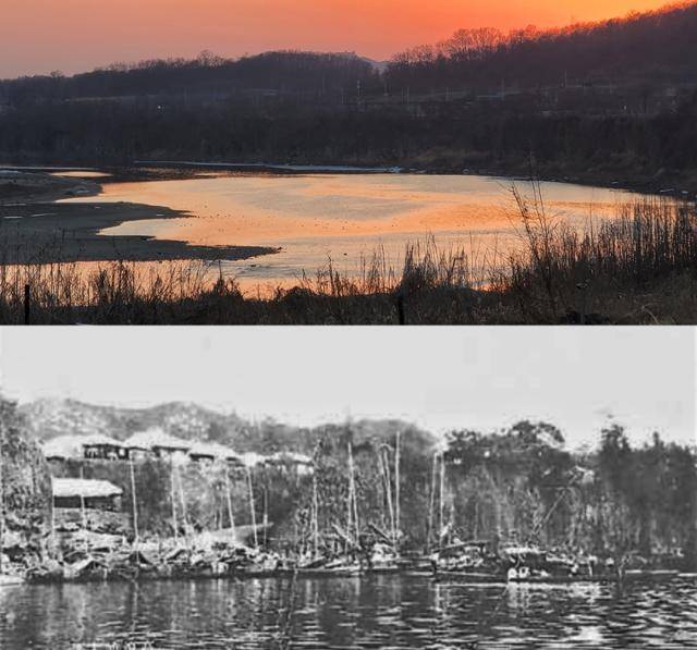 역사의 길목인 호로탄(고랑포)에 석양이 비치는 모습과 1903년 고랑포구의 전경. 남북에서 오는 육로뿐 아니라 서해에서 임진강을 거슬러 오는 배들도 고랑포에서 짐을 풀었다.