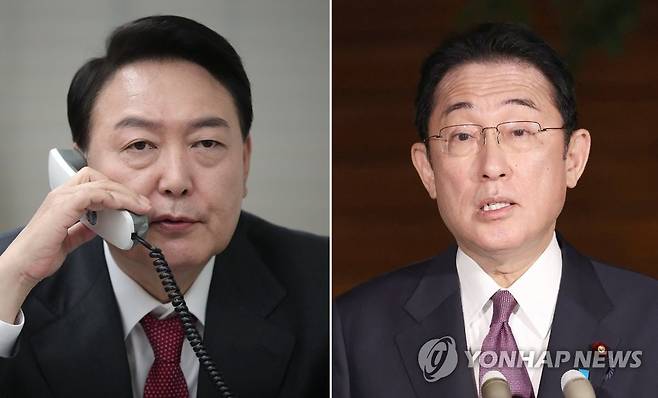 윤 당선인, 기시다 일본 총리와 통화 (도쿄=연합뉴스) 윤석열 대통령 당선인과 기시다 후미오 일본 총리가 지난 11일 전화 통화하고 한일관계에 대해 의견을 나눴다. 통화는 이날 오전 10시 30분부터 약 15분간 진행됐다. 
    사진은 11일 여의도 국민의힘 중앙당사에서 기시다 일본 총리와 통화하는 윤석열 당선인과 지난 4일 일본 도쿄 총리관저에서 기자회견하는 기시다 일본 총리. 2022.3.11 [AFP. 국민의힘 제공. 재판매 및 DB 금지] photo@yna.co.kr