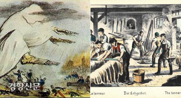 콜레라 등 질병을 유발하는 유령같은 이미지의 ‘미아즈마’를 그린 그림입니다(왼쪽), 18세기 책에 그려진 무두장이들의 작업 과정. 무두장이들이 작업하는 과정에서 많은 폐수가 발생해 도시민들의 불만이 컸다고 합니다. 출처 위키피디아