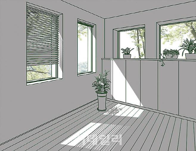 황선태의 ‘빛이 드는 공간’(2018). ‘공간에 빛’을 들이는 작가는 강화유리에 스케치한 이미지를 입힌 뒤 LED로 빛을 붙이고 그림자를 만드는 방식으로 ‘미디어회화’ 작업을 한다(사진=아트스페이스선).