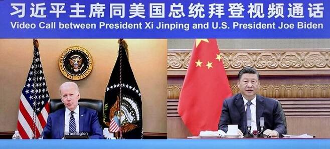 3월 18일 바이든 미국 대통령과 시진핑 중국 국가주석의 화상 통화 장면 (출처=중국 CCTV)