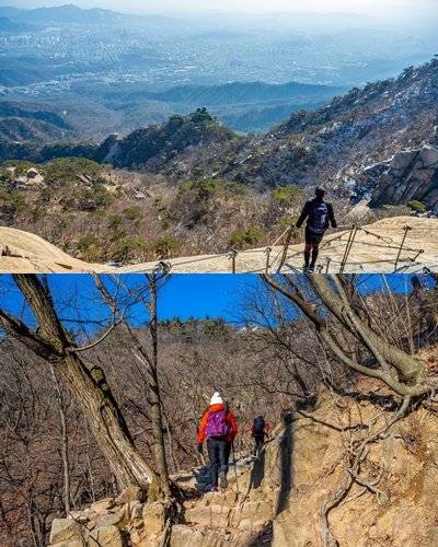 백운대 코스의 암봉을 타고 가는 길에 내려다본 서울 모습(위), 백운대 코스 초반 계단으로 이루어진 등산로